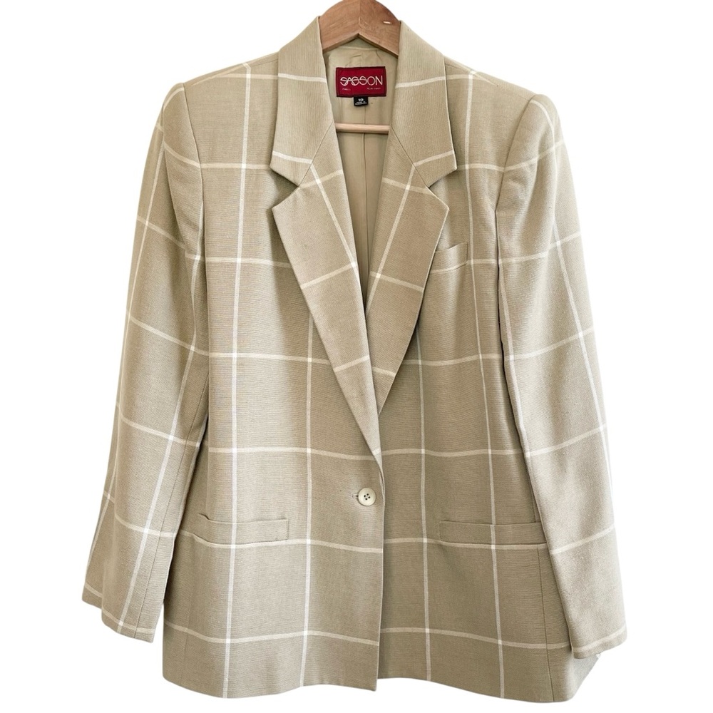 Vintage 90s Beige Plaid Oversized Boyfriend Blazer Windowpane Size M